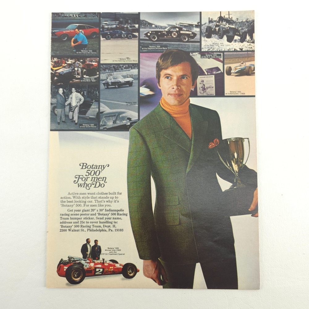 VTG Botany 500 Advertising Print Ad Race Car Driver Suit Menswear Promo Art 1969